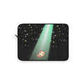 Cosmic Glow Laptop Cover by Starry Fluff: black, mint green cartoon cat under a starry sky, kawaii cartoon style
