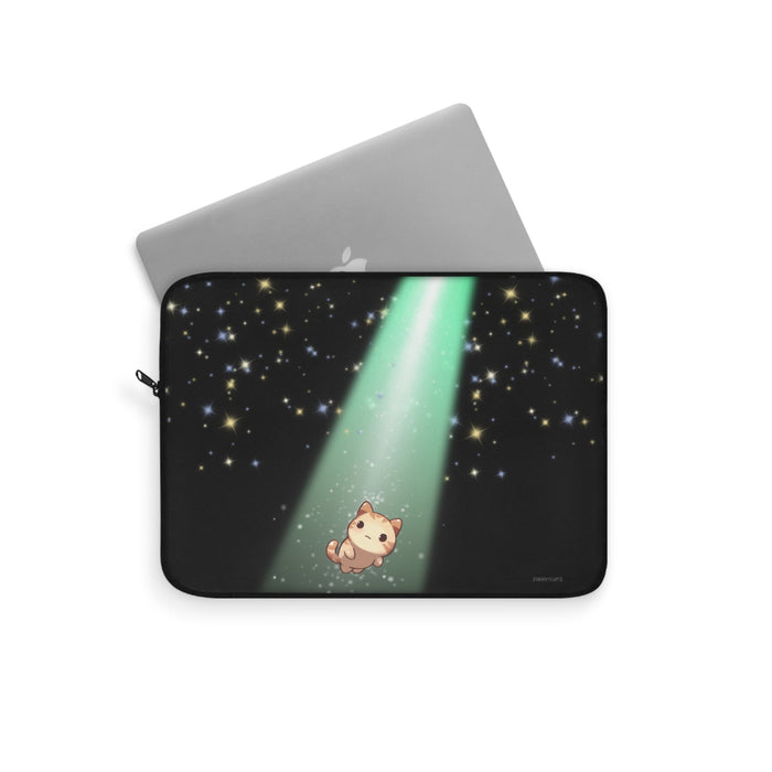 Cosmic Glow Laptop Cover by Starry Fluff: black, mint green cartoon cat under a starry sky, kawaii cartoon style