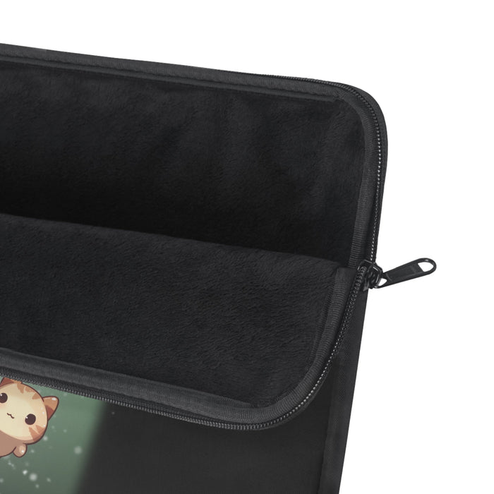 Cosmic Glow Laptop Cover by Starry Fluff: black, mint green cartoon cat under a starry sky, kawaii cartoon style