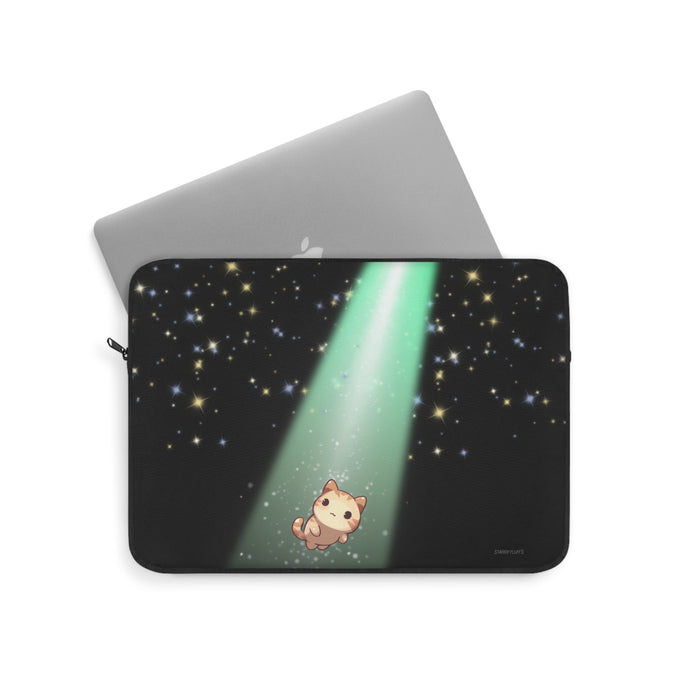 Cosmic Glow Laptop Cover by Starry Fluff: black, mint green cartoon cat under a starry sky, kawaii cartoon style