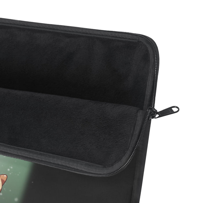 Cosmic Glow Laptop Cover by Starry Fluff: black, mint green cartoon cat under a starry sky, kawaii cartoon style