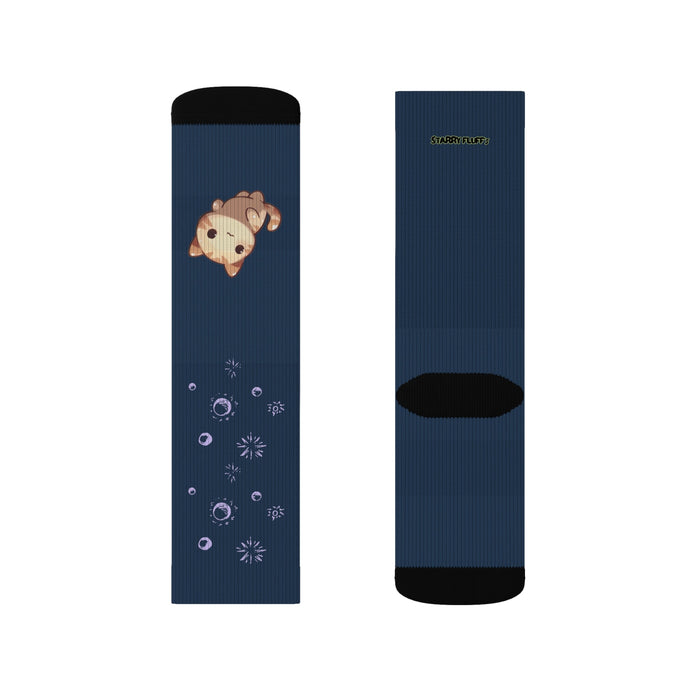 Cosmic Kitten in the Stars Playful Novelty Socks by Starry Fluff: dark navy blue, black cat with star and planet motifs, kawa