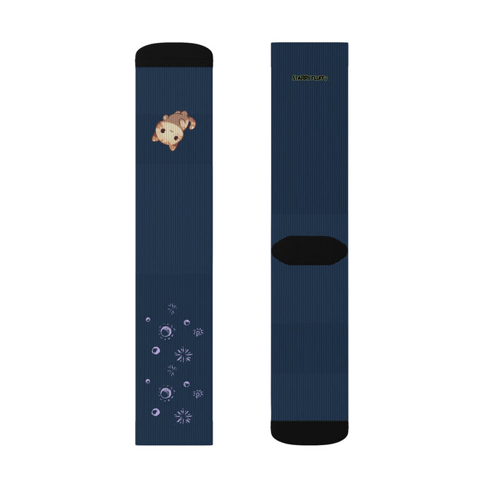 Cosmic Kitten in the Stars Playful Novelty Socks by Starry Fluff: dark navy blue, black cat with star and planet motifs, kawa