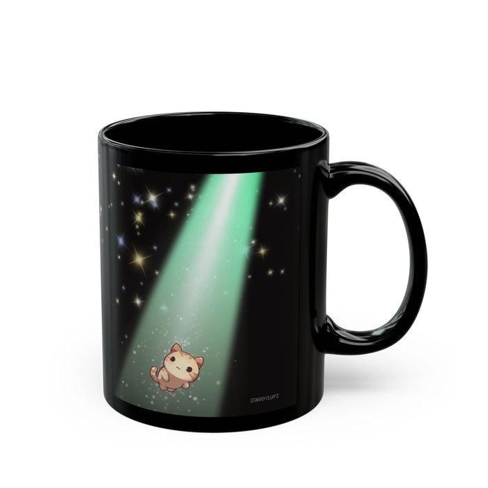 Cosmic Kitty Delight Coffee Tea Mug by Starry Fluff's: black, green cartoon cat under a green aurora-like beam