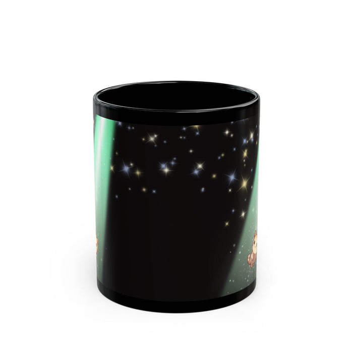 Cosmic Kitty Delight Coffee Tea Mug by Starry Fluff's: black, green cartoon cat under a green aurora-like beam