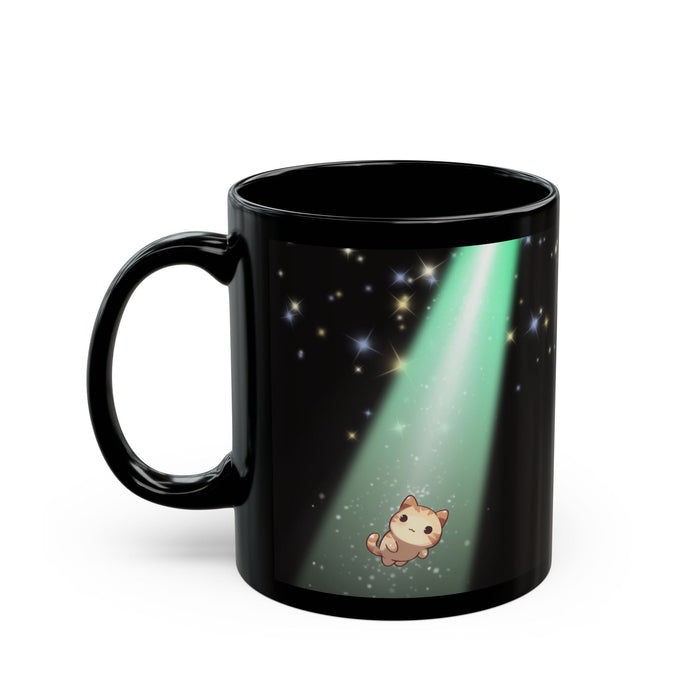 Cosmic Kitty Delight Coffee Tea Mug by Starry Fluff's: black, green cartoon cat under a green aurora-like beam
