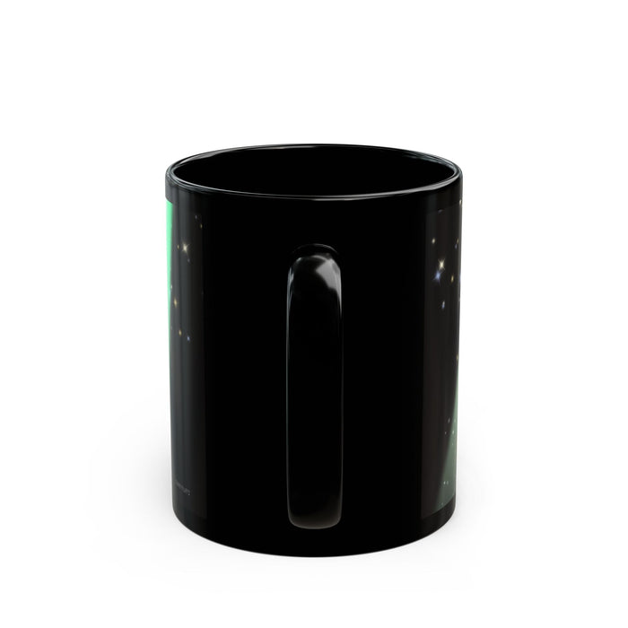 Cosmic Kitty Delight Coffee Tea Mug by Starry Fluff's: black, green cartoon cat under a green aurora-like beam