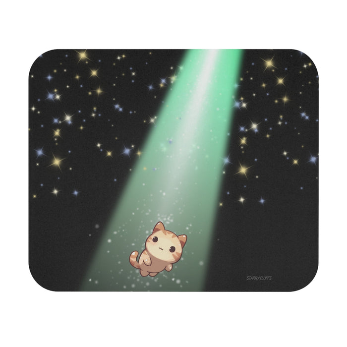 Cosmic Kitty's Radiant Mouse Pad, Cosmo: black, mint green cartoon cat in a starry scene, kawaii cartoon style