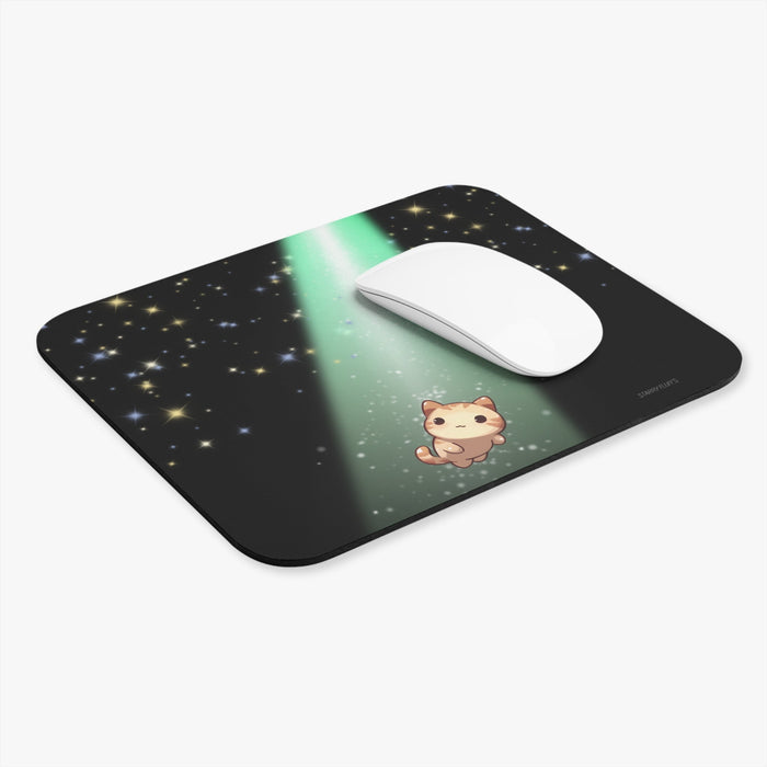 Cosmic Kitty's Radiant Mouse Pad, Cosmo: black, mint green cartoon cat in a starry scene, kawaii cartoon style