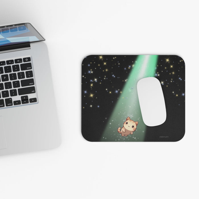Cosmic Kitty's Radiant Mouse Pad, Cosmo: black, mint green cartoon cat in a starry scene, kawaii cartoon style
