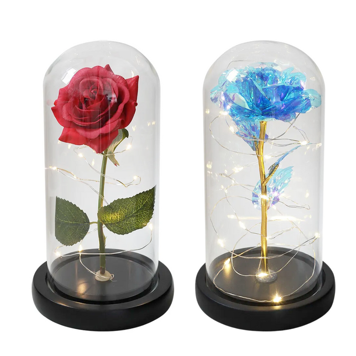 Cosmic LED Rose Sphere: red, blue roses, romantic decorative floral style