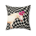 Cosmic Nostalgic Mythical Square Pillow, 3 Sizes: black, white unicorn, surreal cartoon graphic style