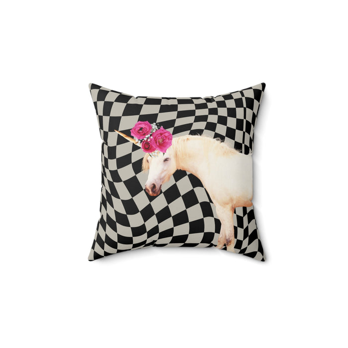 Cosmic Nostalgic Mythical Square Pillow, 3 Sizes: black, white unicorn, surreal cartoon graphic style