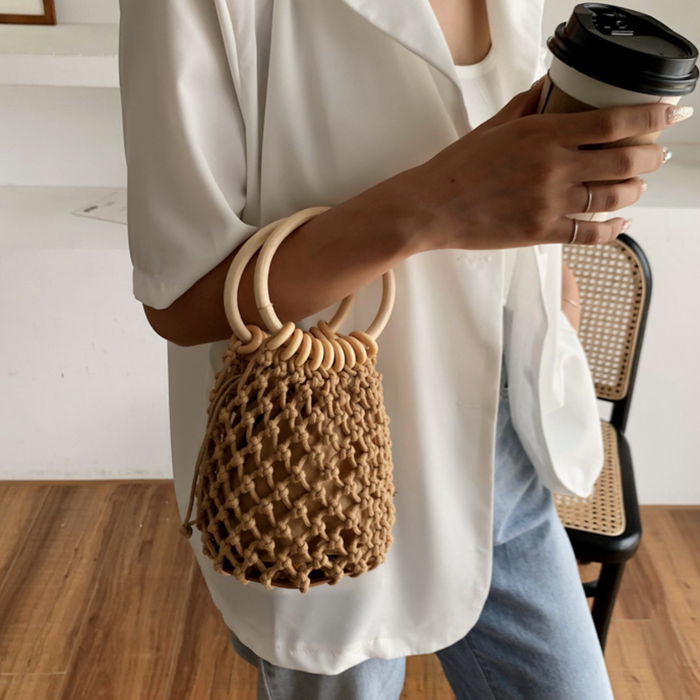 Cotton Crochet Bag with Rattan Ring Handle for the Summer Season: tan, beige handbag, minimal boho style