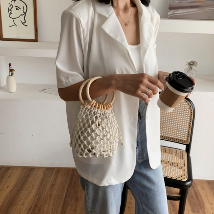 Cotton Crochet Bag with Rattan Ring Handle for the Summer Season: tan, beige handbag, minimal boho style
