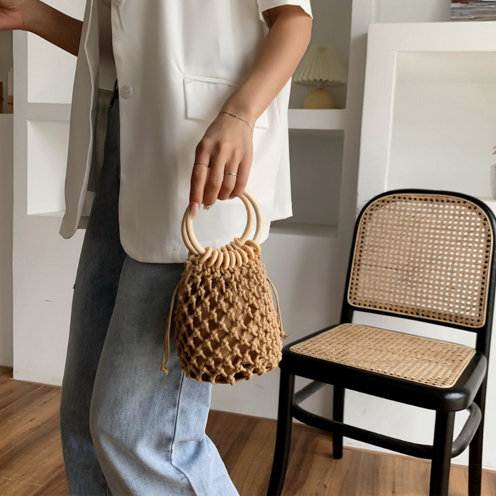 Cotton Crochet Bag with Rattan Ring Handle for the Summer Season: tan, beige handbag, minimal boho style