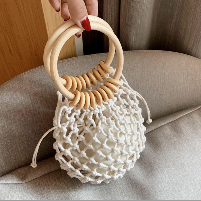 Cotton Crochet Bag with Rattan Ring Handle for the Summer Season: tan, beige handbag, minimal boho style