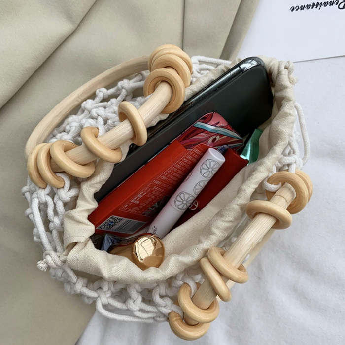Cotton Crochet Bag with Rattan Ring Handle for the Summer Season: tan, beige handbag, minimal boho style