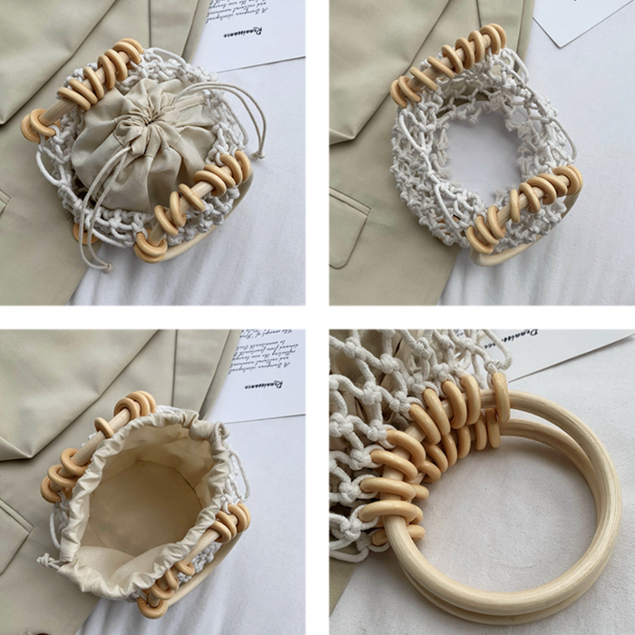 Cotton Crochet Bag with Rattan Ring Handle for the Summer Season: tan, beige handbag, minimal boho style