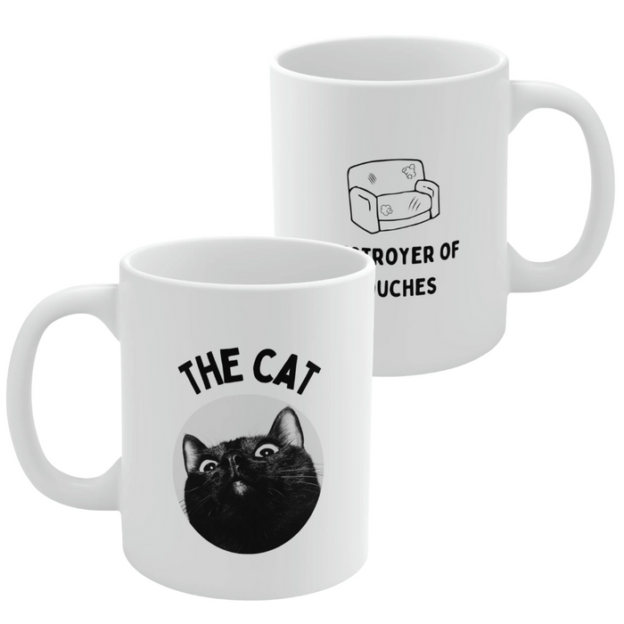 Couches Destroyer Cat Coffee Tea Mug: white, black cat, minimal graphic style