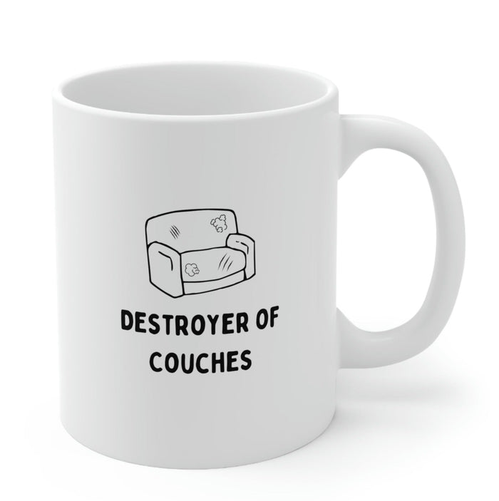 Couches Destroyer Cat Coffee Tea Mug: white, black cat, minimal graphic style