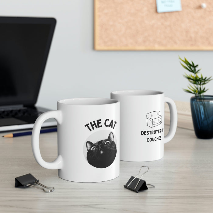 Couches Destroyer Cat Coffee Tea Mug: white, black cat, minimal graphic style