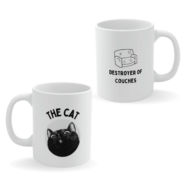 Couches Destroyer Cat Coffee Tea Mug: white, black cat, minimal graphic style