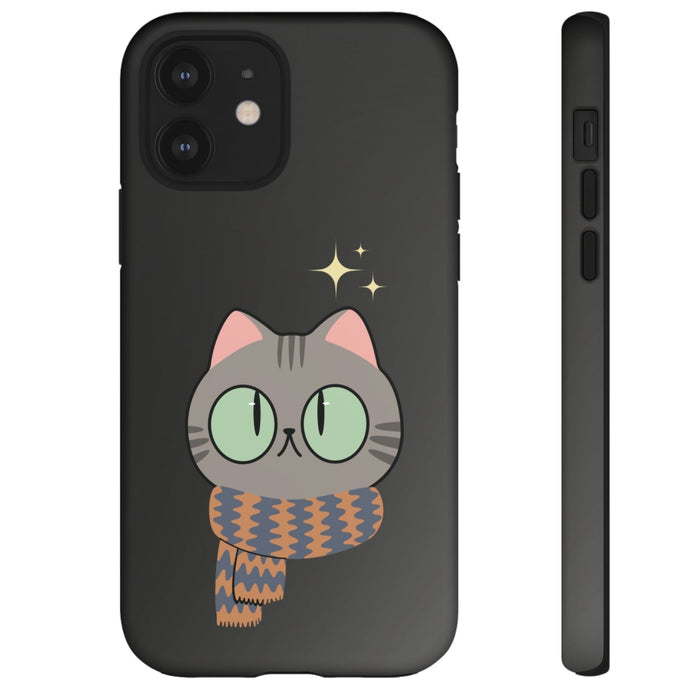 Cozy Feline Tough Cat iPhone Case: black, gray cartoon cat, kawaii cartoon style