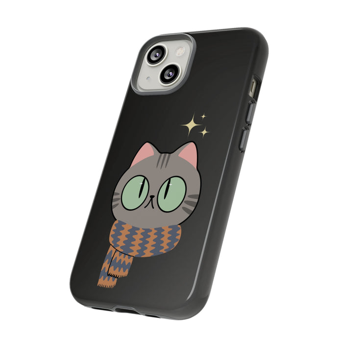 Cozy Feline Tough Cat iPhone Case: black, gray cartoon cat, kawaii cartoon style