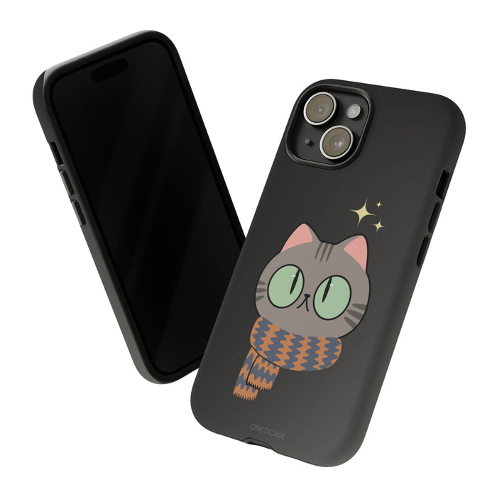 Cozy Feline Tough Cat iPhone Case: black, gray cartoon cat, kawaii cartoon style