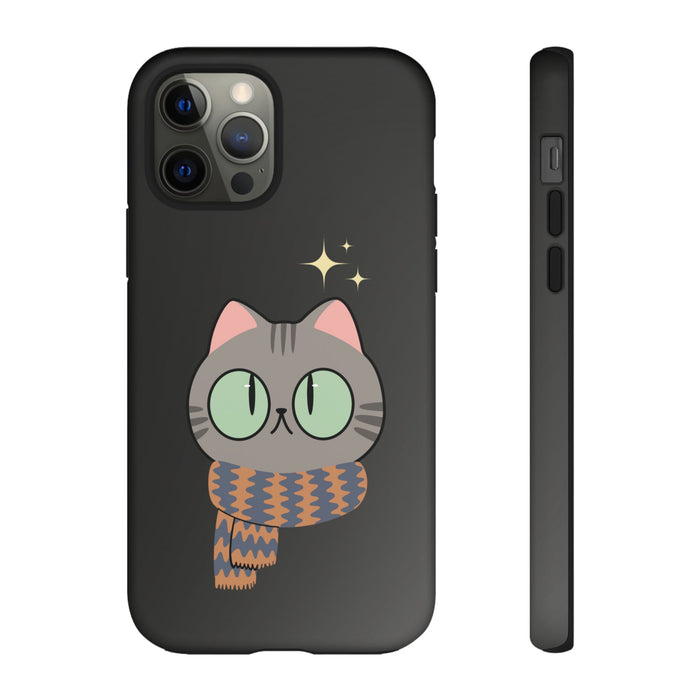 Cozy Feline Tough Cat iPhone Case: black, gray cartoon cat, kawaii cartoon style