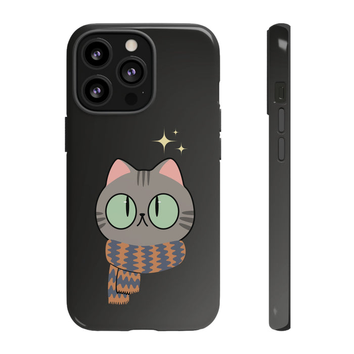 Cozy Feline Tough Cat iPhone Case: black, gray cartoon cat, kawaii cartoon style