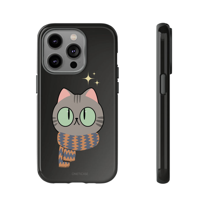 Cozy Feline Tough Cat iPhone Case: black, gray cartoon cat, kawaii cartoon style