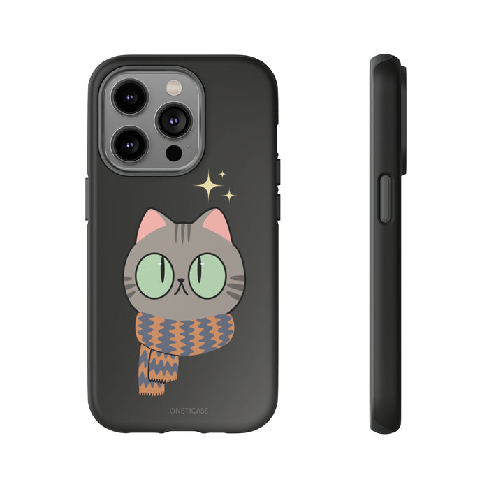 Cozy Feline Tough Cat iPhone Case: black, gray cartoon cat, kawaii cartoon style
