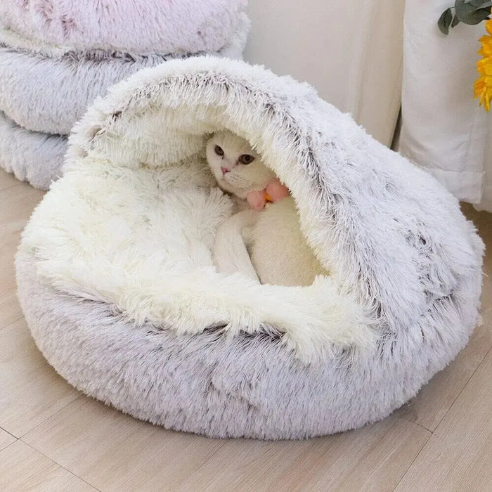 Cozy Pet Bed for the Winter Season: light gray, white cat, cozy plush style