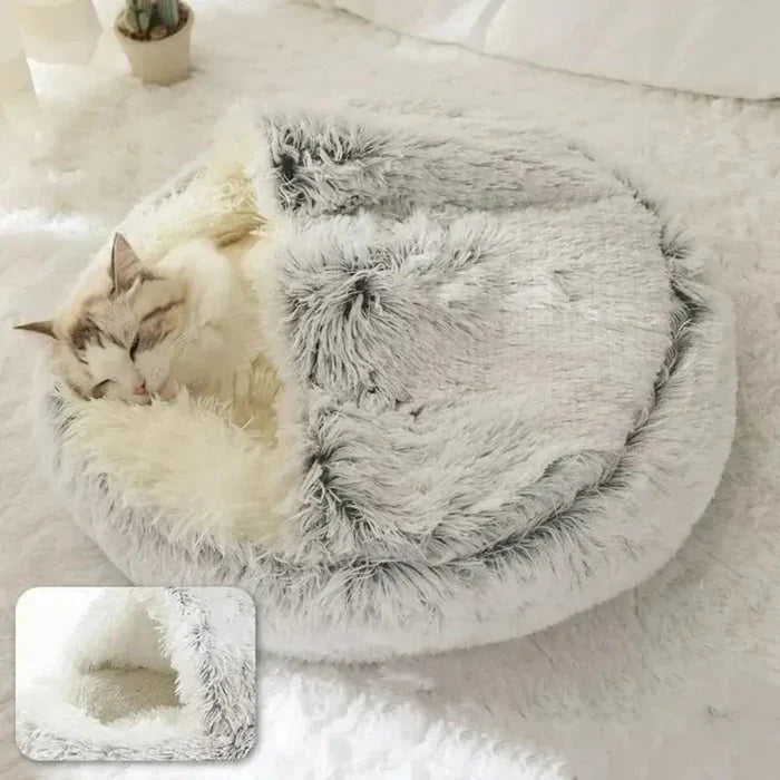 Cozy Pet Bed for the Winter Season: light gray, white cat, cozy plush style