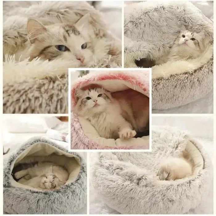 Cozy Pet Bed for the Winter Season: light gray, white cat, cozy plush style