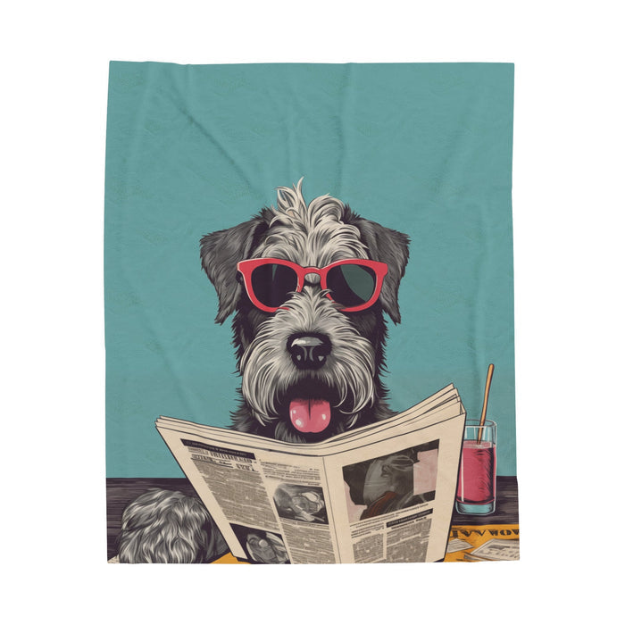 Cozy Schnauzer Blanket: A Plush Throw for Reading: teal, gray shaggy dog wearing sunglasses and reading a newspaper, cartoon