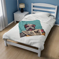 Cozy Schnauzer Blanket: A Plush Throw for Reading: teal, gray shaggy dog wearing sunglasses and reading a newspaper, cartoon