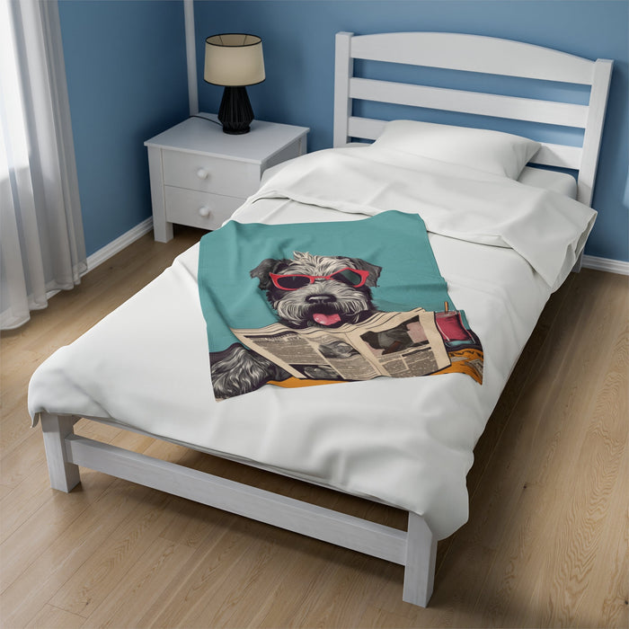 Cozy Schnauzer Blanket: A Plush Throw for Reading: teal, gray shaggy dog wearing sunglasses and reading a newspaper, cartoon