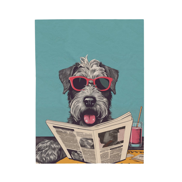 Cozy Schnauzer Blanket: A Plush Throw for Reading: teal, gray shaggy dog wearing sunglasses and reading a newspaper, cartoon