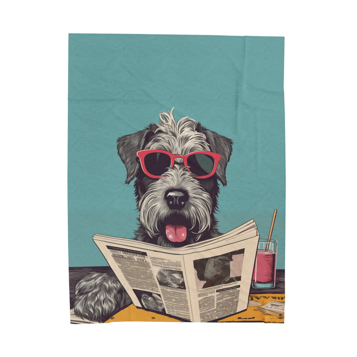 Cozy Schnauzer Blanket: A Plush Throw for Reading: teal, gray shaggy dog wearing sunglasses and reading a newspaper, cartoon