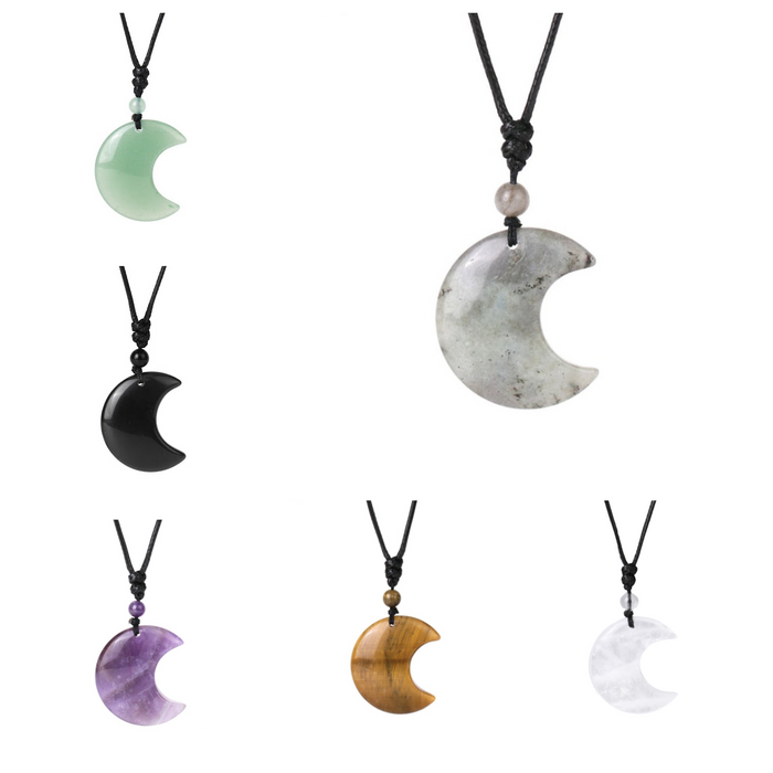Crescent Moon Crystal Necklace with Natural Stone: black, pale green crescent moon, minimal bohemian style