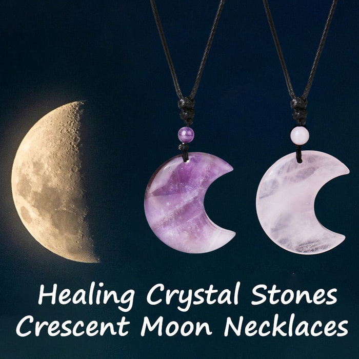 Crescent Moon Crystal Necklace with Natural Stone: black, pale green crescent moon, minimal bohemian style