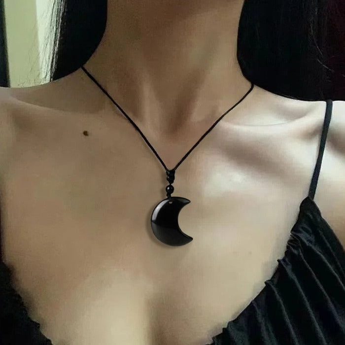 Crescent Moon Crystal Necklace with Natural Stone: black, pale green crescent moon, minimal bohemian style