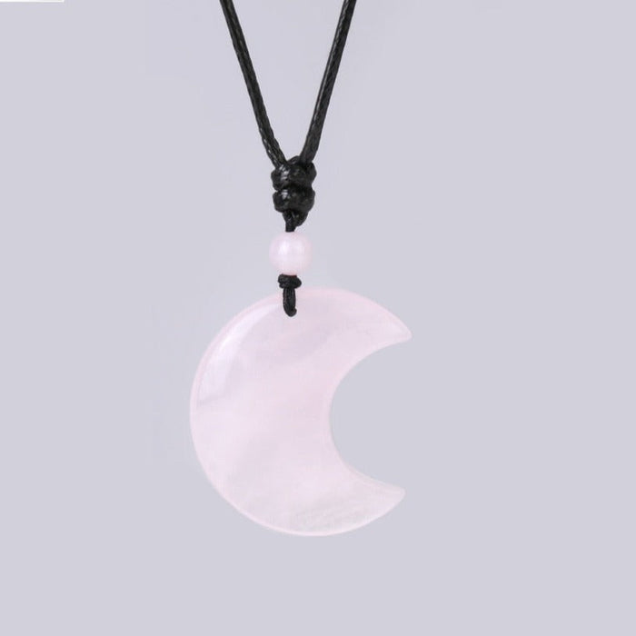 Crescent Moon Crystal Necklace with Natural Stone: black, pale green crescent moon, minimal bohemian style