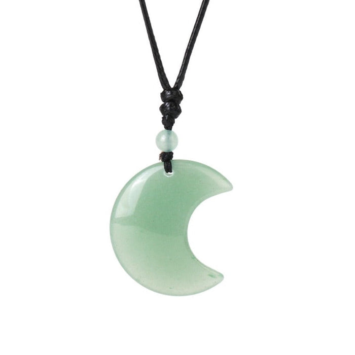 Crescent Moon Crystal Necklace with Natural Stone: black, pale green crescent moon, minimal bohemian style