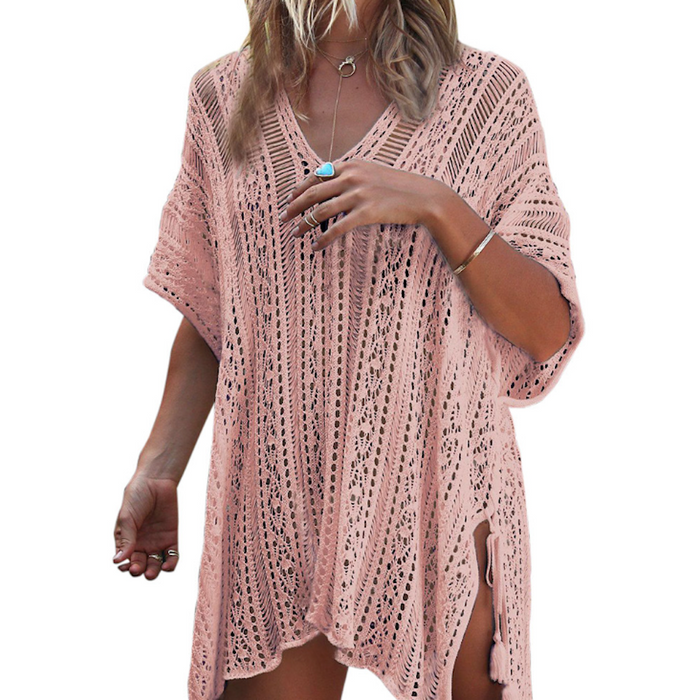 Crocheted Women's Cover-Up for Bikinis: light pink open-knit poncho-style cover-up top, bohemian style
