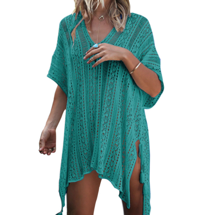 Crocheted Women's Cover-Up for Bikinis: light pink open-knit poncho-style cover-up top, bohemian style