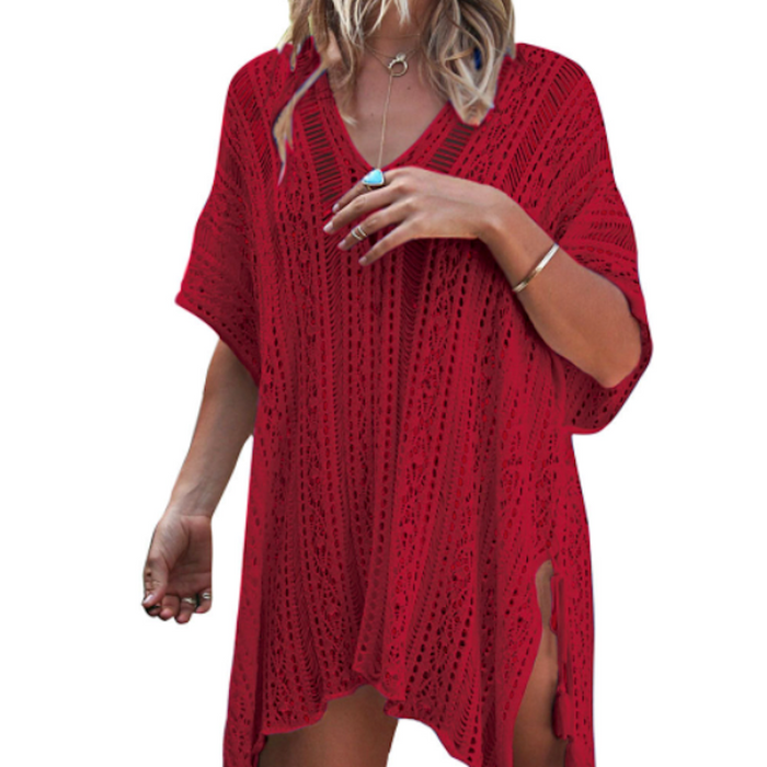 Crocheted Women's Cover-Up for Bikinis: light pink open-knit poncho-style cover-up top, bohemian style